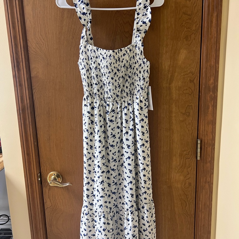 French Grey Blue and White Midi Dress